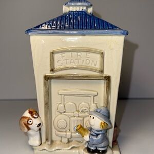Vintage Fire Station Bank Little Boy & Puppy Japan KIC Bottom Plug 6 1/2" x 4"